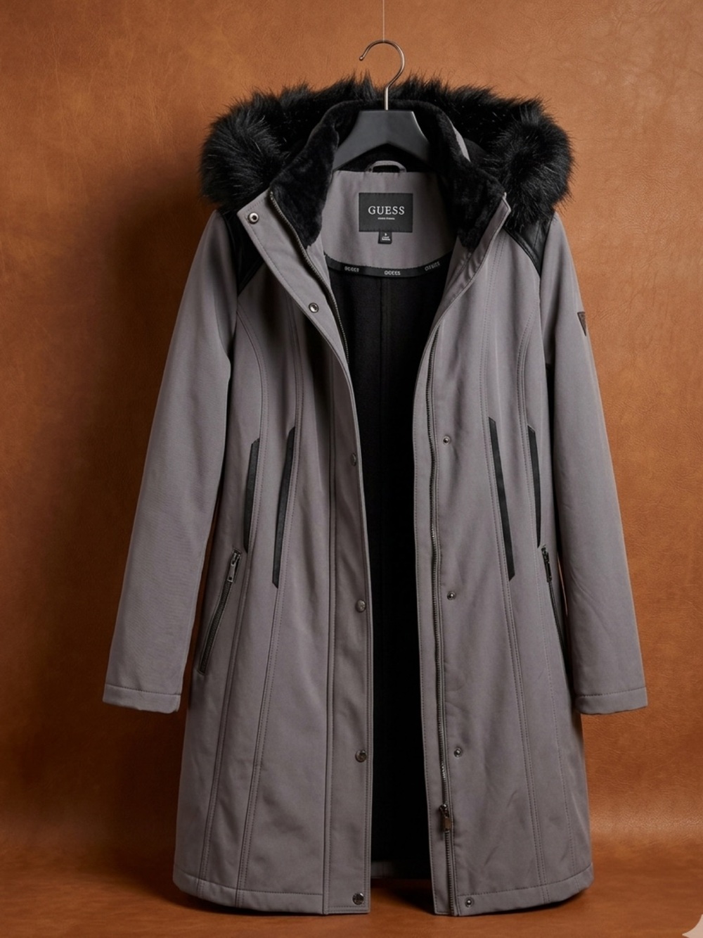 GUESS Gray Hooded Faux-Fur Trim Long Trench Coat
